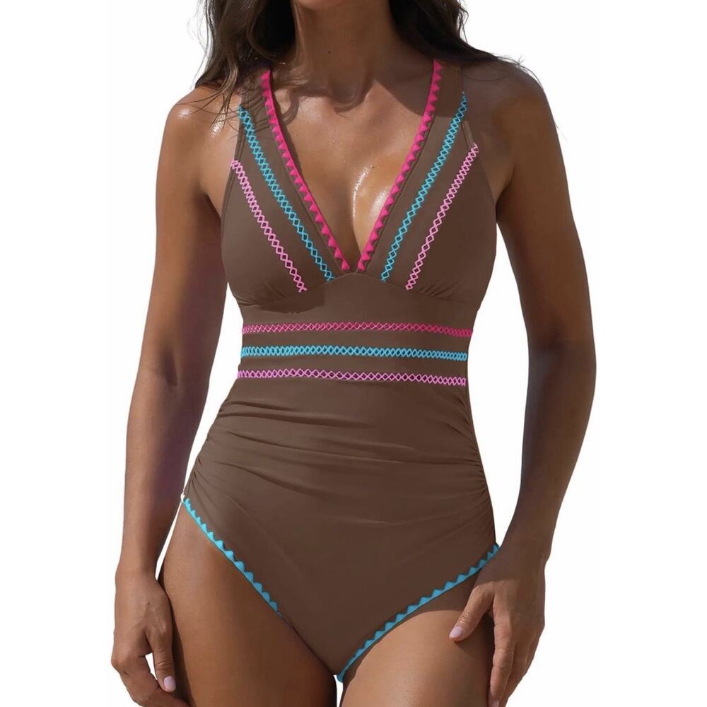 popvil One Piece Tummy Control Neon Swimsuit Brown Small